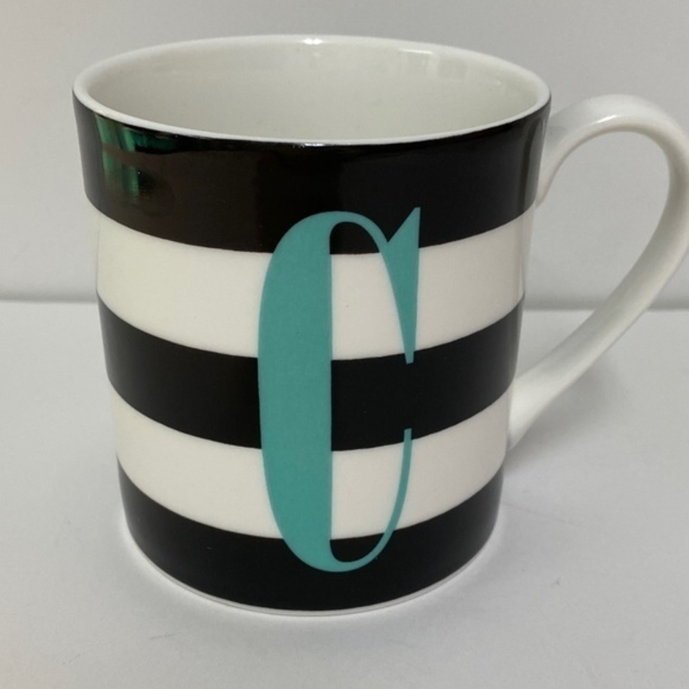 Kate Spade New York Monogram “C” Mug/Cup, 12oz, Black Stripes, Turquoise Initial